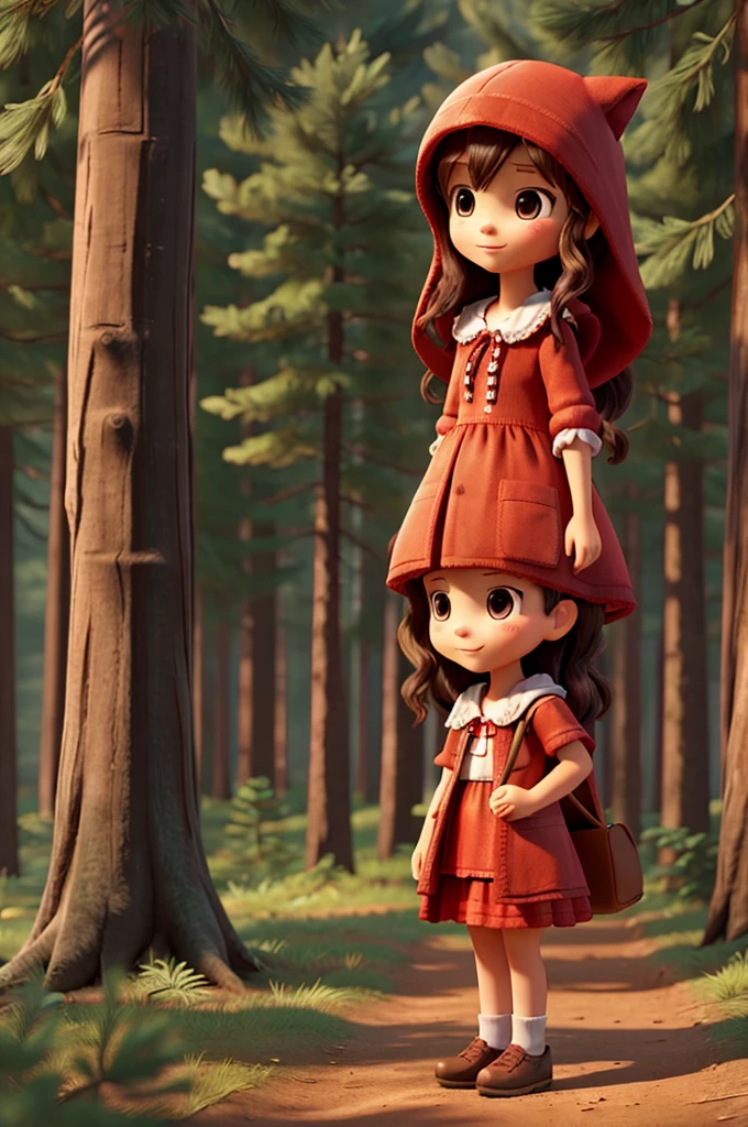 Little Red Riding Hood in a pine forest
