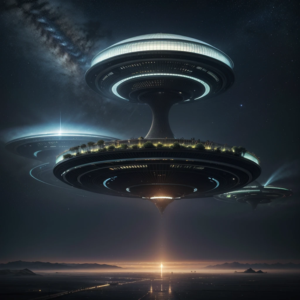 Create an ultra-realistic image of a breathtaking, futuristic cityscape set on an alien planet with conditions similar to Earth. This planet should have stunning rings made of rock and debris, resembling a moon that has shattered. The rings should be visible in the sky, adding a dramatic and surreal element to the landscape.
The city should blend advanced technology with the natural beauty of the alien environment. The architecture should feature sleek, reflective skyscrapers with flowing, organic designs, integrated with lush, vertical gardens and solar panels. These buildings should seamlessly blend into the surrounding landscape.
The sky should be filled with flying vehicles, such as futuristic ships and hovercrafts, moving through well-organized aerial highways. Drones of various sizes should be seen everywhere, performing tasks like delivery and maintenance, highlighting the efficiency and advancement of this society.
Incorporate large rotating habitats that simulate gravity, massive space stations, and advanced agricultural domes inspired by movies like Interstellar. The ground level should have beautifully landscaped parks with alien flora, bioluminescent plants, and serene water features where inhabitants can be seen enjoying the environment.
The background should reveal the vastness of space, with stars, distant planets, and the rings of the shattered moon visible in the sky. The artificial planetoid should have large windows or transparent sections offering breathtaking views of the cosmos.
Add small details like holographic displays, robotic assistants interacting with inhabitants, and futuristic public transportation systems. The overall scene should evoke a sense of awe and inspiration, showcasing the limitless possibilities of human ingenuity and cooperation in a utopian future on an alien world.
