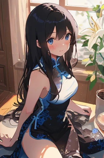Highest quality, masterpiece, (solo:1.2), (1 female:1.2)、Age 25、Large breasts、(Slim figure)、(From the side:1.2)、(Sitting in front of the window)、(Rest in the heat:1.2)、(Transparent Chinese Dress:1.2)、(Thighs)、(White highlight in pupil:1.2)、Dark blue eyes、(Black-haired:1.2)、Straight bangs、(Long Hair)、(View your audience:1.2)、White skin、(blush)、(Embarrassed expression)、(Blur the background to make the woman stand out.:1.3)、(Half Backlight)、Beautiful flowers in the background、Beautiful lily flowers、Wooden Room