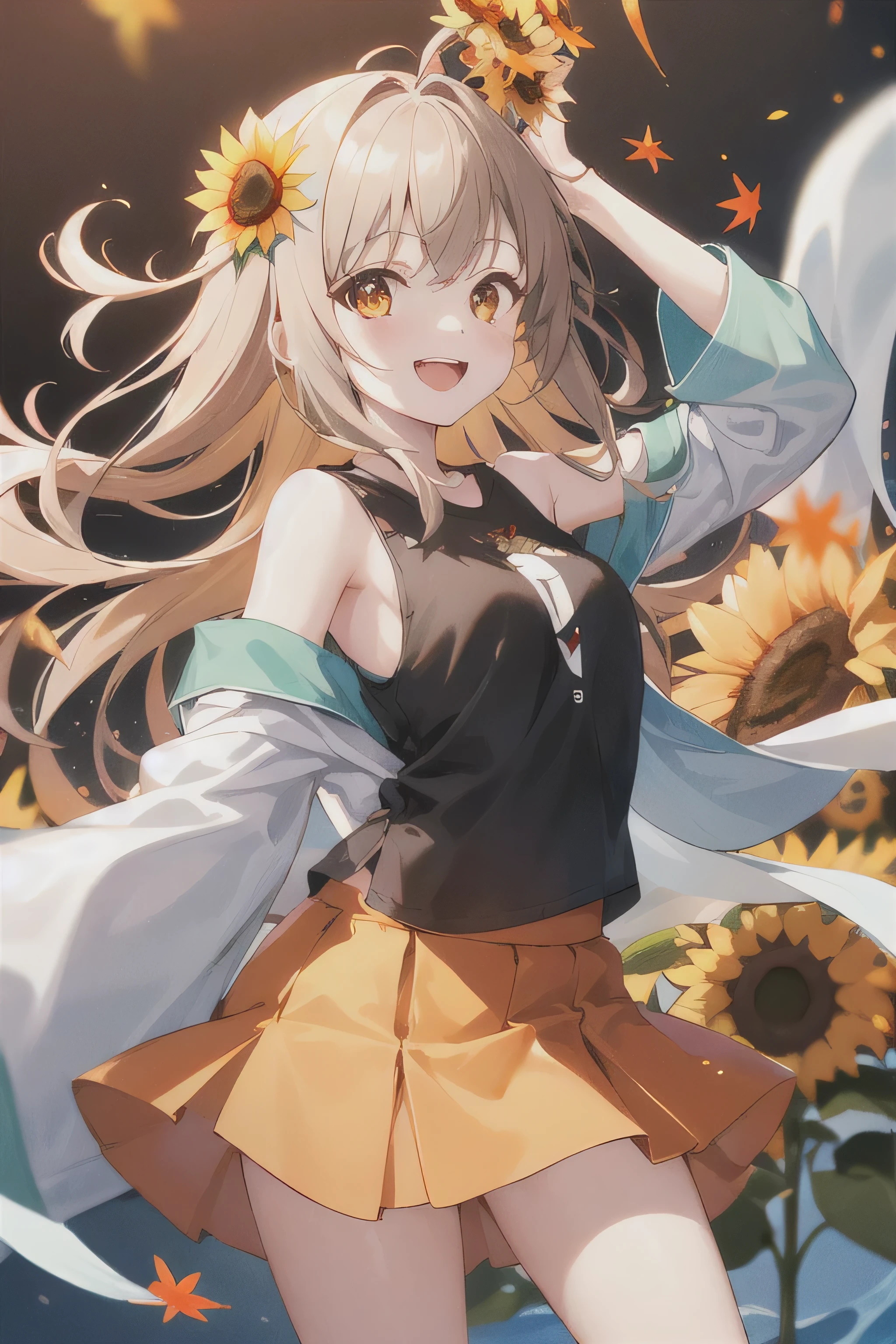 multicoloured, One girl, length_hair, flowwg_hair, Open_mouth, 一人w, yellow_flower, smile, fish, white_flower, :d, colorful, orange_\(fruits\), orange_slice, combustion, orange_eye, shirt, autumn, No sleeve, bubble, just_shoulder, autumn_leaf, Underarm, skirt, Front hair, Lookwg_w_Audience, sunflower, flower petals, wwer, fire, orange_flower, flower