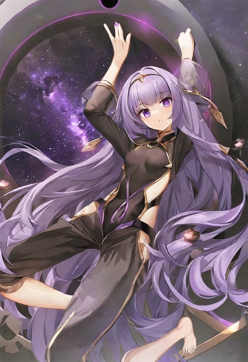Athena,Extra long purple hair,Purple Eyes,Appearance is that of an adult female,Black one-piece dress,There are small purple and gold decorations,The long jumpsuit is very sexy,barefoot,A black hole in the background universe,Purple black hole