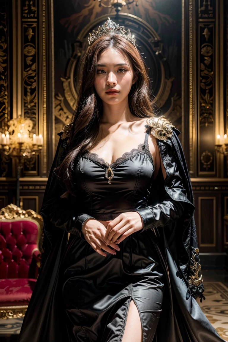 (best quality,4k,8k,highres,masterpiece:1.2),ultra-detailed,(realistic,photorealistic,photo-realistic:1.37),oil painting,princess,medieval,fantasy,royalty,arrogant,tyrannical ruler,confident,regal,dark atmosphere,castle,throne room,ornate decorations,dramatic lighting,rich color palette,lush garden,mysterious aura,haughty expression,flowing gown,luxurious jewelry,meticulously crafted crown,sharp features,evil smirk,intense gaze,elaborate hairstyles, princess in a majestic palace,ominous clouds,hidden secrets,secretive smile,domineering presence,fascinating shadows,commanding presence,adorned with power,ageless beauty,floating ethereal presence,grandiose architecture,menacing presence of the princess