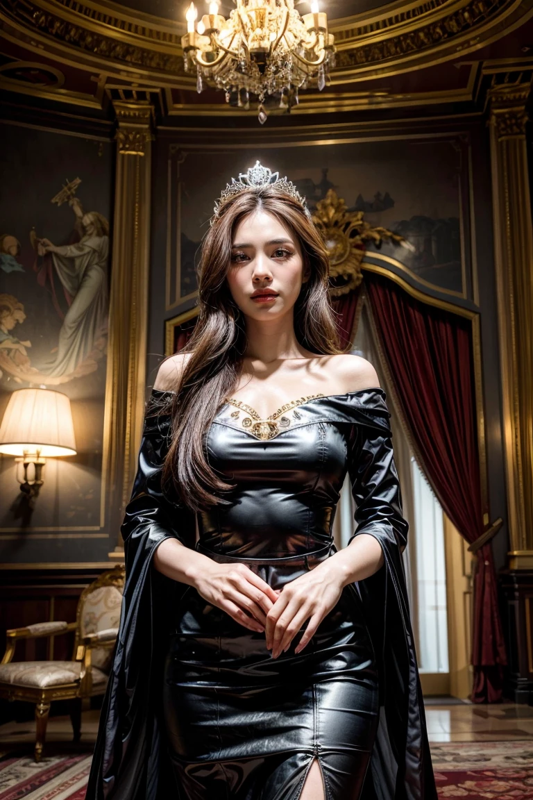 (best quality,4k,8k,highres,masterpiece:1.2),ultra-detailed,(realistic,photorealistic,photo-realistic:1.37),oil painting,princess,medieval,fantasy,royalty,arrogant,tyrannical ruler,confident,regal,dark atmosphere,castle,throne room,ornate decorations,dramatic lighting,rich color palette,lush garden,mysterious aura,haughty expression,flowing gown,luxurious jewelry,meticulously crafted crown,sharp features,evil smirk,intense gaze,elaborate hairstyles, princess in a majestic palace,ominous clouds,hidden secrets,secretive smile,domineering presence,fascinating shadows,commanding presence,adorned with power,ageless beauty,floating ethereal presence,grandiose architecture,menacing presence of the princess