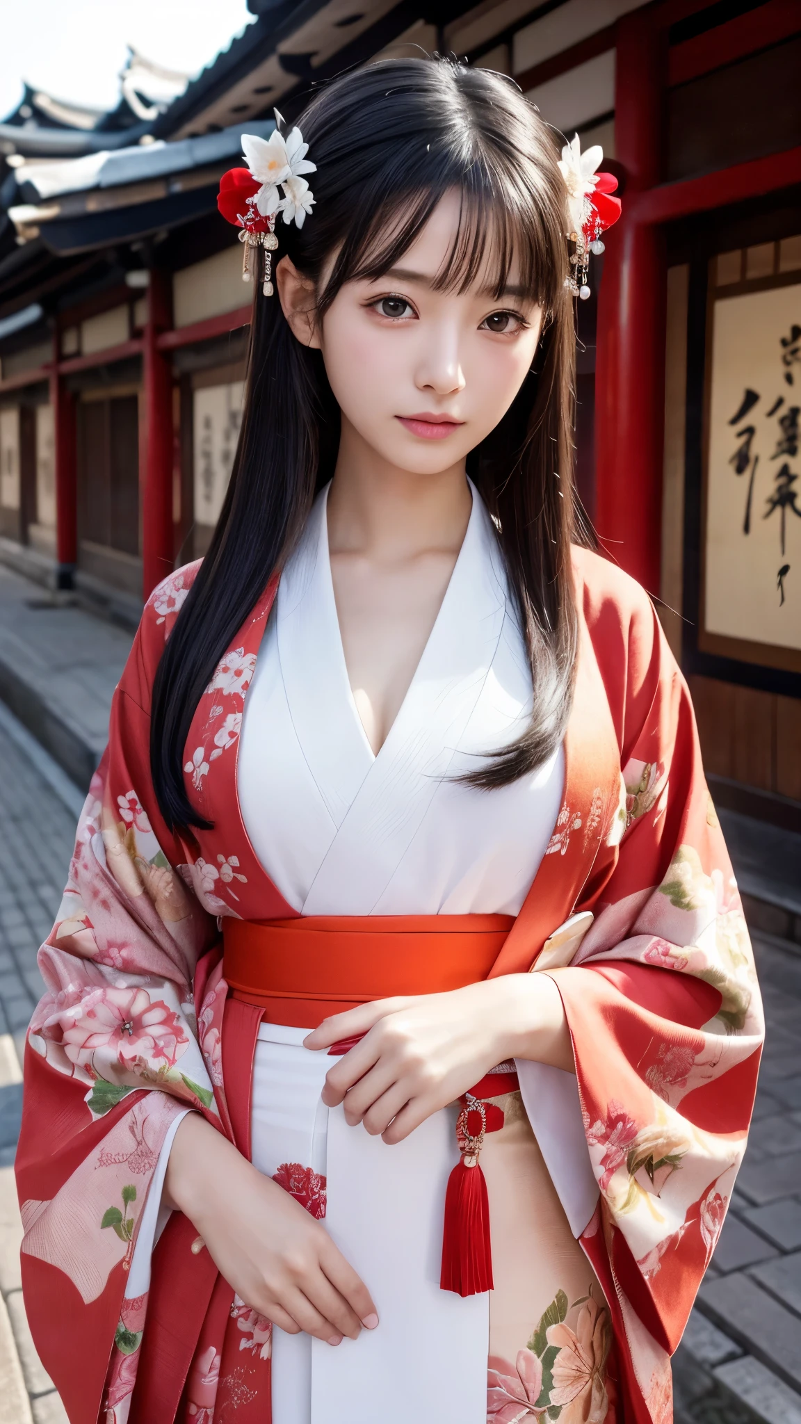 masterpiece,best quality,high resolution,8K,Realistic face,Realistic skin texture,magnified textures, 1 girl,Journalist girl, 19 years old,detailed eyes,Edo Period,Oiran、Prostitute、Fuchu、Post town、standing,black hair、 pale skin,(Open chest)、(from front)、Elegant kimono、Melancholic expression,slim body,beautiful kanzashi,beautiful eyes,white,look at viewer、small nose,straight nose、Red light district