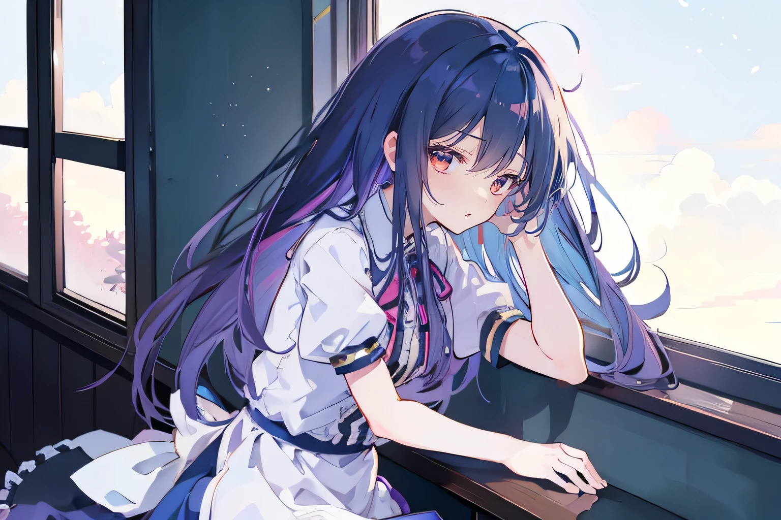 Anime Girl sitting on window sill drinking coffee and looking out the window, (Anime Girl), Anime cute art style, seductive Anime Girl, Beautiful anime high school, Cute girl anime visual, Night Core, Best Girl in Anime, young Anime Girl,dark blue long hair,Sit by the window,The sun shines,early morning,Deserted background。