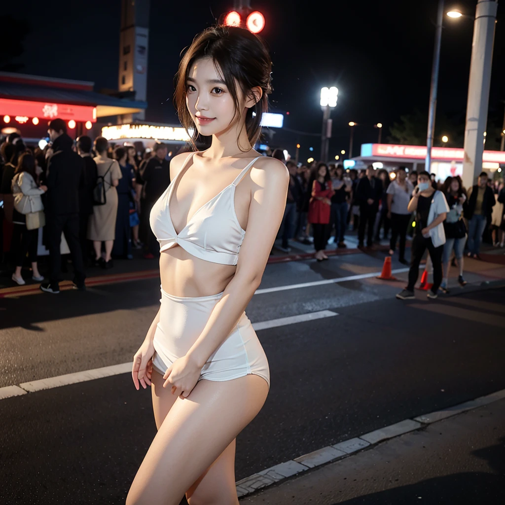 high quality,master piece,by famous artist,a girl, one girl,solo focus,alone,4K,8K,raw photo,full body,standing,bloom,sexy posing,Japanese women,Clear,seems kind,Calm,Fair skin,h cup bust,Beautiful woman,smile,teeth,short brown hair,one girl,Casual Style,Nightclub in the background,night,The crowd is around,one girl