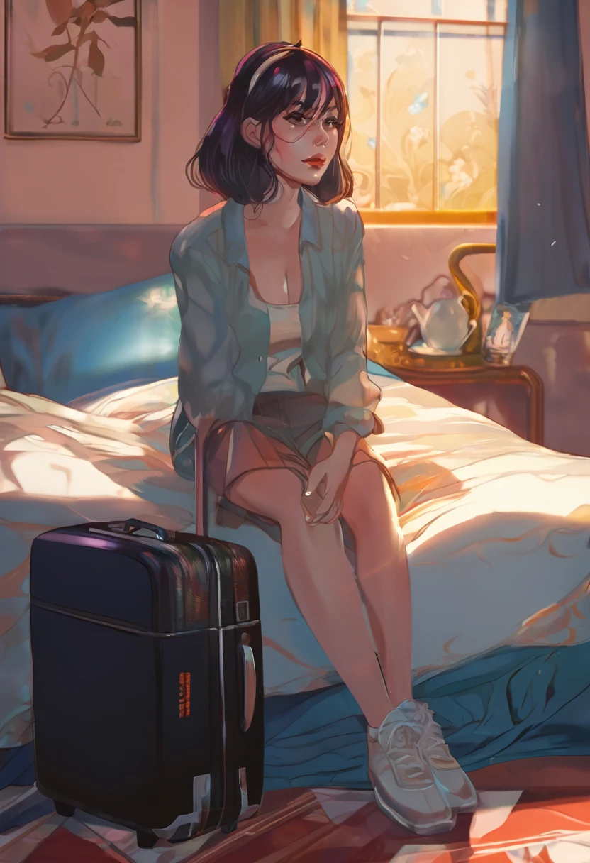 animado girl sitting on a bed with a suitcase in the background, the animado girl is crouching, female protagonist 👀 :8, beautiful animado girl squatting, de chicas de primera línea, seductive animado girl, female animado character, animado. iluminación suave, 4k animado wallpaper, guweiz en pixiv artstation, badass animado 8 k, también, breathtaking illustration from adult comic book presenting . fabulous artwork. best quality, high resolution