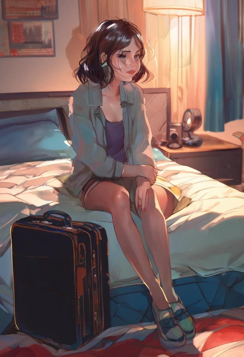 animado girl sitting on a bed with a suitcase in the background, the animado girl is crouching, female protagonist 👀 :8, beautiful animado girl squatting, de chicas de primera línea, seductive animado girl, female animado character, animado. iluminación suave, 4k animado wallpaper, guweiz en pixiv artstation, badass animado 8 k, también, breathtaking illustration from adult comic book presenting . fabulous artwork. best quality, high resolution