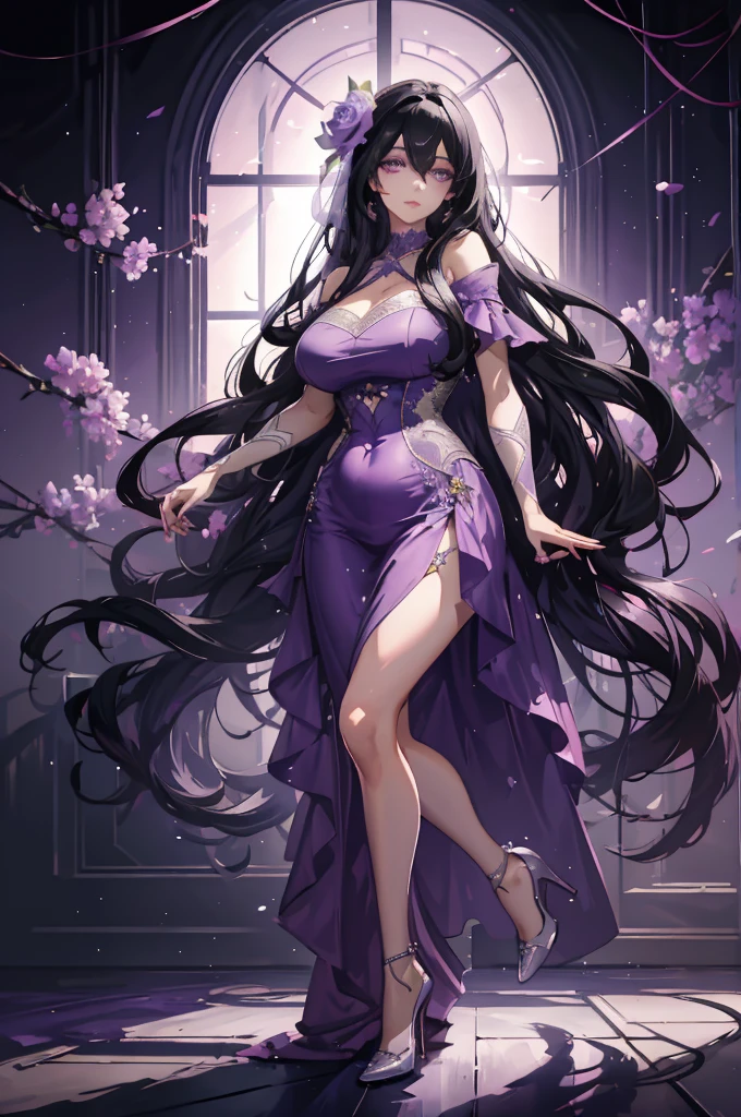 (very delicate, Masterpiece, Excellent lighting and shadows, HD wallpaper 8K), woman, black hair, white bangs, straight hair, long, purple eyes, big eyes, plump lips, Pink cheeks, Big starvation face, wide hips, purple dress, open shoulder, high-heels, elegant, flower field