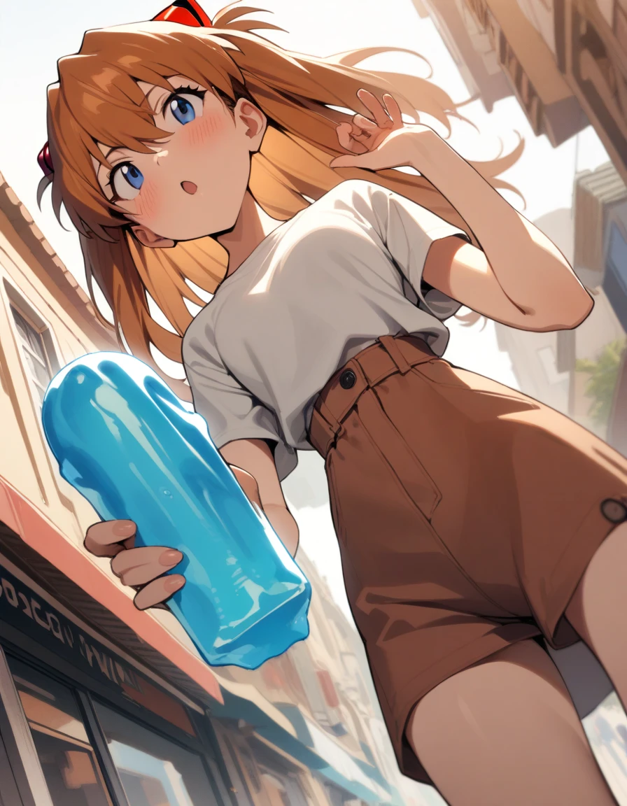 1girl, souryuu asuka langley, neon genesis evangelion, perfect body, civilian clothes, straw hat,holding ice bar inspired penis,licking bar eagerly,looking up, blush,summer street,looking at viewer, masterpiece, best quality, very aesthetic, absurdres,angle from below