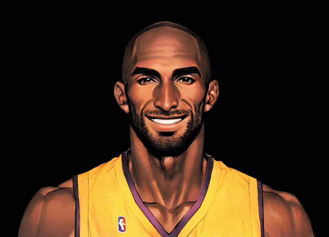 Alafid man wearing yellow jersey smiles at camera, portrait of Kobe Bryant, Kobe Bryant, He is 35 years old, Filmed in the early 2020s, 1 / 2 headshots, About 3-5 years old, 1 / 4 headshots, (38 years old), 3 6 years old, 38 years old, portrait of tall man, playing basketball in china street, red background, 