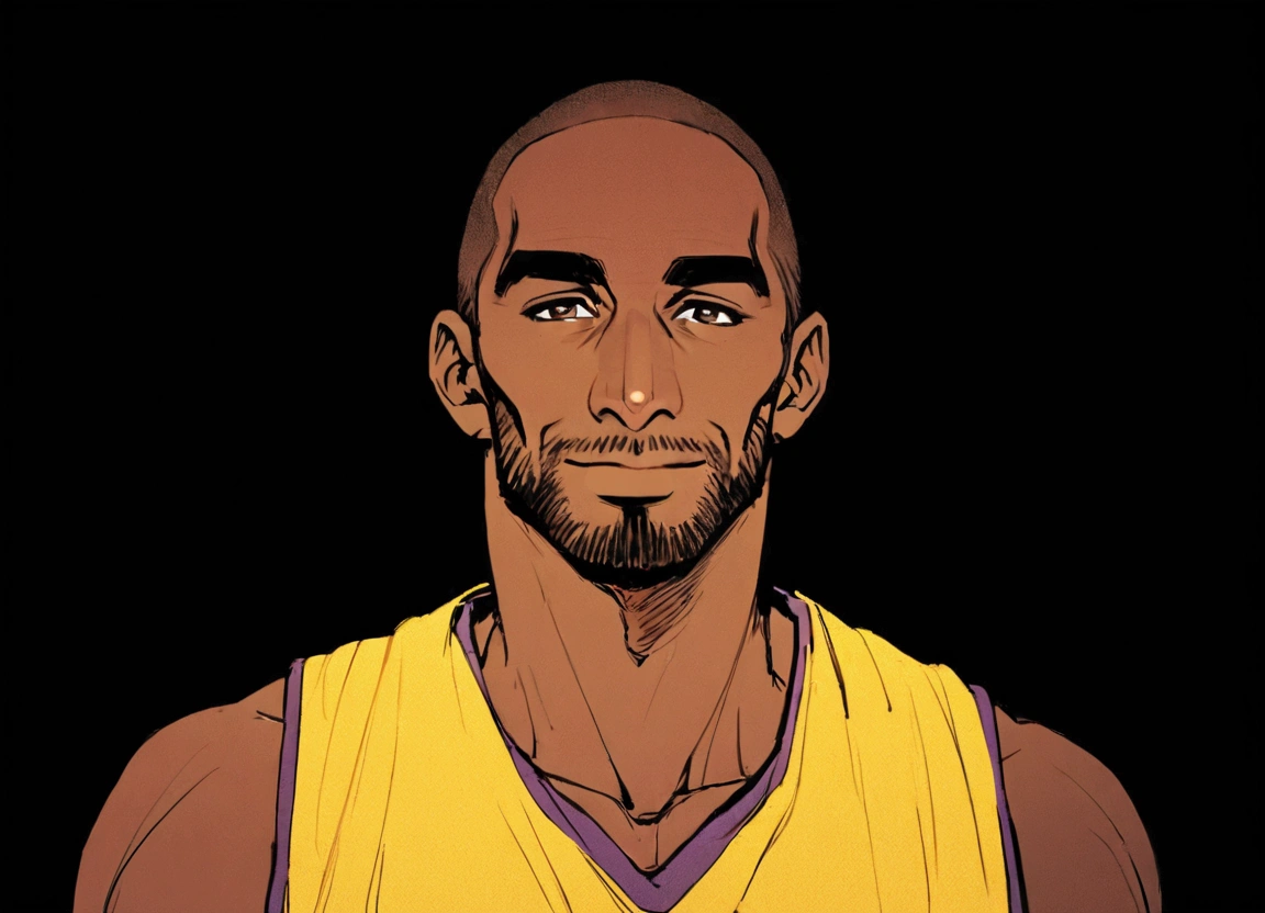 Alafid man wearing yellow jersey smiles at camera, portrait of Kobe Bryant, Kobe Bryant, He is 35 years old, Filmed in the early 2020s, 1 / 2 headshots, About 3-5 years old, 1 / 4 headshots, (38 years old), 3 6 years old, 38 years old, portrait of tall man, playing basketball in china street, red background, 