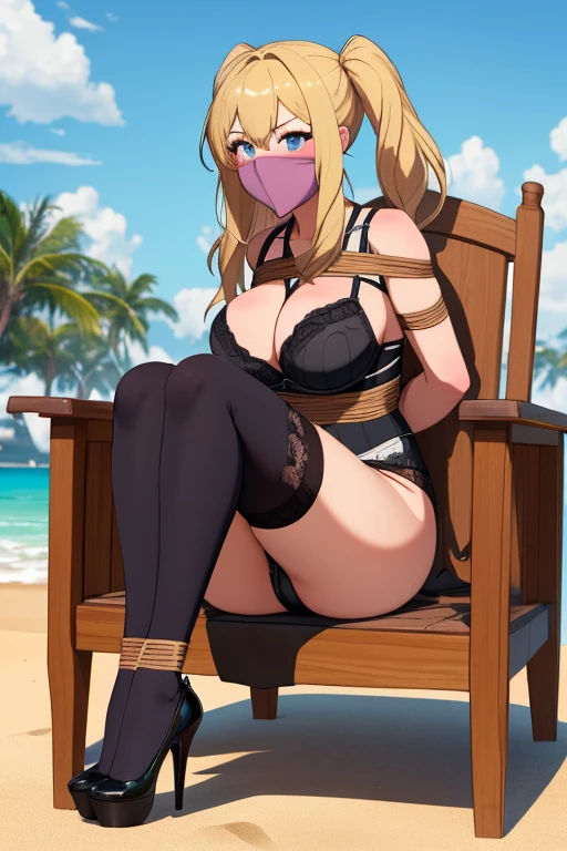 1 girl, detailed blue eyes, lange wimpern, detailed beautiful face, 4k quality, Long twintails, (Long blonde hair:1.4), (arms behind back:1.3), Red rope, blushing, (Big breasts:1.6), (black short underwear, black high heels, schwarze Strumpfhose, 18 jears old:1.6), OTN, Gag, gagged, shibari, bondage, sitting on a beach, sitting in a chair, erhobene Augenbrauen, pralle Brüste, Front View of girl, detaillierte nah aufnahmen