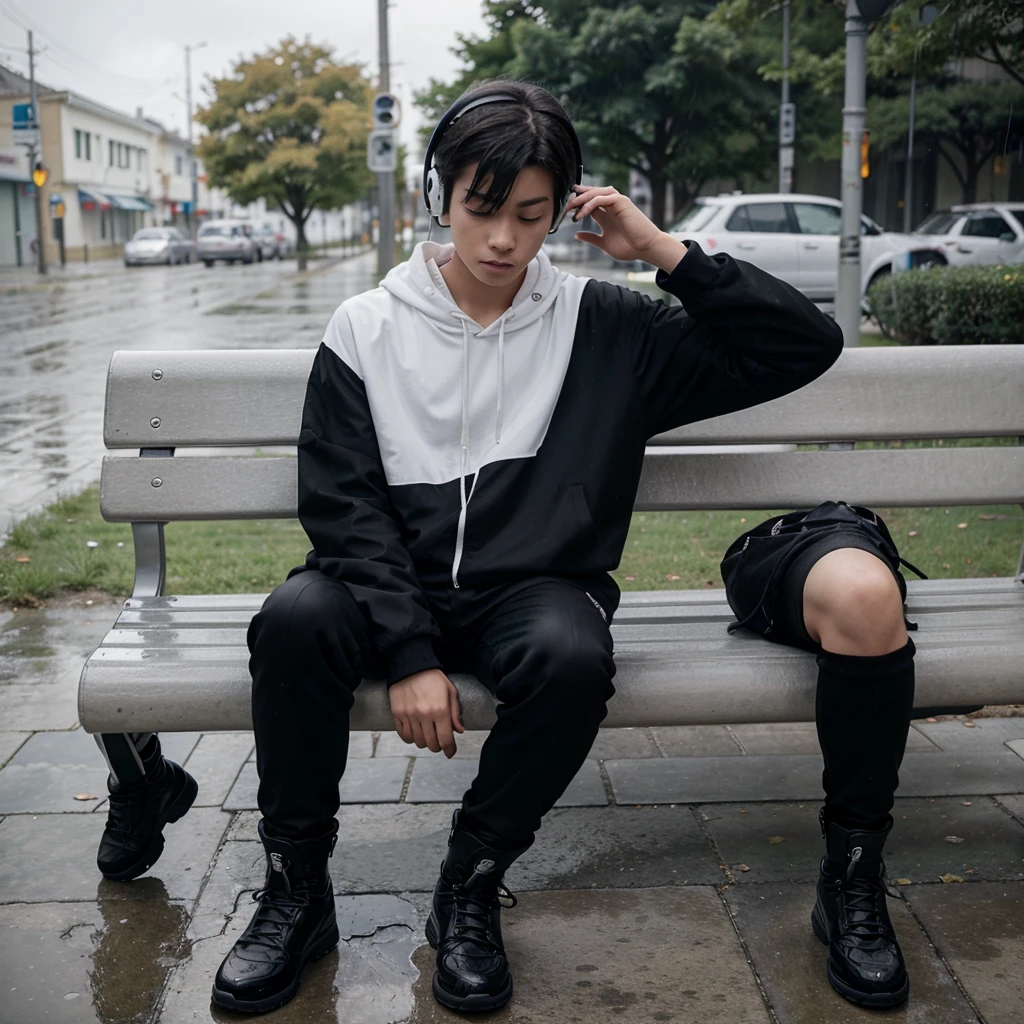 style: Anime 90s A boy sits on a bench all alone and listens to music on headphones with his eyes closed, his clothes are all black and his boots are white, and the earphone is also black, the weather was silver and raining