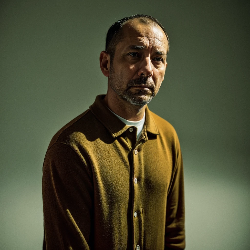 Create an image of a 40-year-old man wearing clean, modern clothes. His face was full of sadness. The color tone gives a feeling of loneliness. In a quiet atmosphere