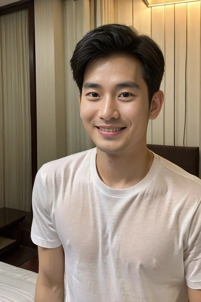 Korean man, Inspiration from Peng Yuyan, 30 years old, 236 years old, Cute Korean Face, 35 yo, 33 year old Korean muscular man，Luxury hotel bedroom, white t-shirt in the background, open mouth smile