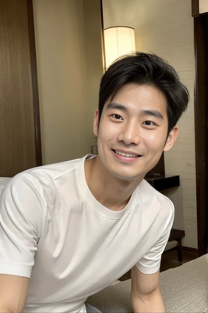 Korean man, Inspiration from Peng Yuyan, 30 years old, 236 years old, Cute Korean Face, 35 yo, 33 year old Korean muscular man,Luxury hotel bedroom, white t-shirt in the background, open mouth smile