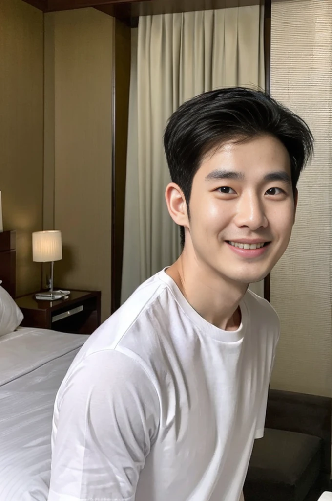 Korean man, Inspiration from Peng Yuyan, 30 years old, 236 years old, Cute Korean Face, 35 yo, 33 year old Korean muscular man，Luxury hotel bedroom, white t-shirt in the background, open mouth smile