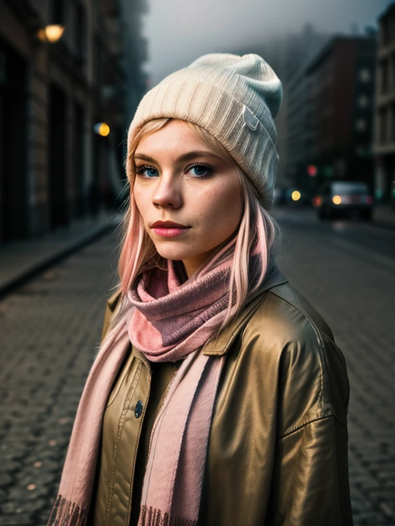 medium length blonde with pink highlights hair, (minimal ambient light), low light, night, gloomy, moody, fog, bokeh, background is night city, streetwear, beanie, scarf, woman