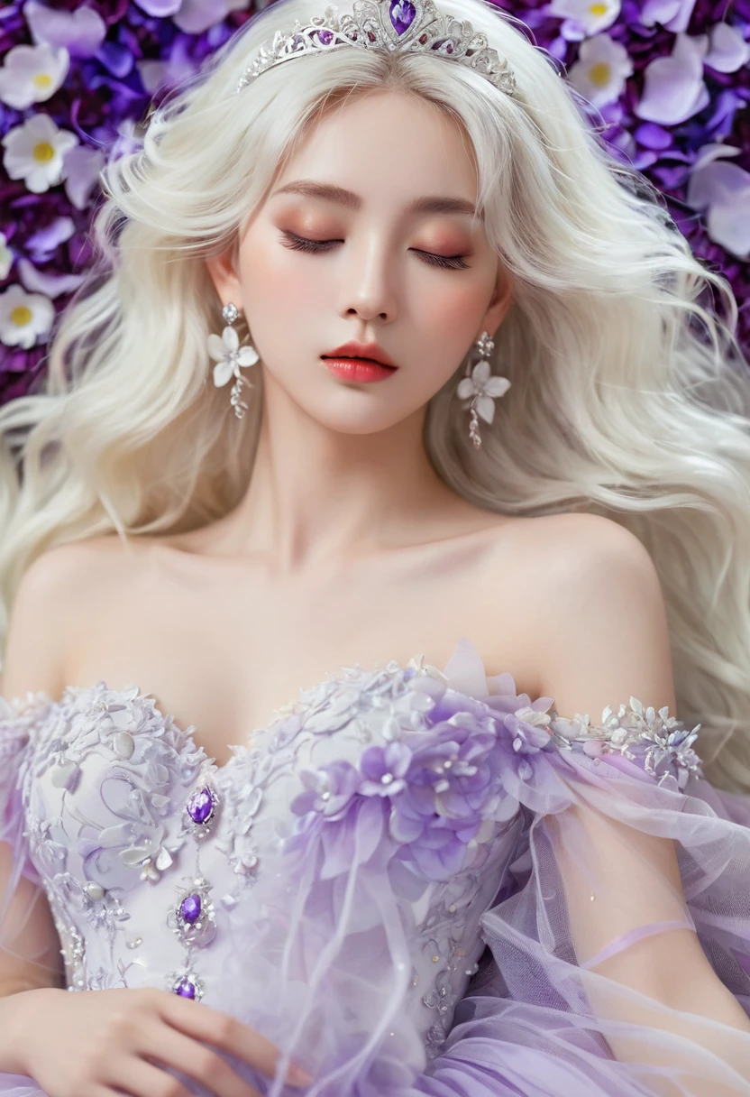 Masterpiece,Dazzling multicolored light,ultra detailed,A girl.,In the flowers,**** a sleeping princess,Earrings,White feather tulle,Long white eyelashes,Extra-long hair is slightly curly,White hair,(Hair takes up the entire frame),a charming face,Glowing lips,clavicle,Shoulder exposure,Floating petals,Dreamy and beautiful,The characters are thick and painted.,Fine strokes,Wallpaper,The background is graded with white and purple,anime aesthetic,Poolcoreanime beauty,Hyperrealism,sparkle,textured skin,super detail,best quality,8k, ,