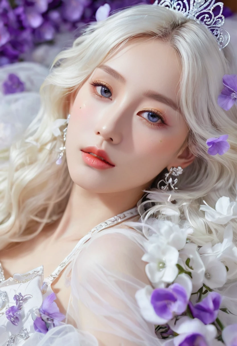 Masterpiece,Dazzling multicolored light,ultra detailed,A girl.,In the flowers,**** a sleeping princess,Earrings,White feather tulle,Long white eyelashes,Extra-long hair is slightly curly,White hair,(Hair takes up the entire frame),a charming face,Glowing lips,clavicle,Shoulder exposure,Floating petals,Dreamy and beautiful,The characters are thick and painted.,Fine strokes,Wallpaper,The background is graded with white and purple,anime aesthetic,Poolcoreanime beauty,Hyperrealism,sparkle,textured skin,super detail,best quality,8k, ,