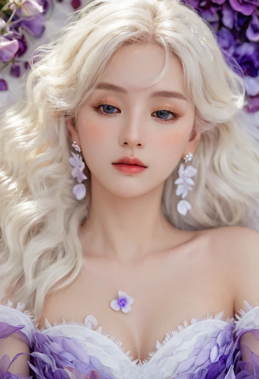 Masterpiece,Dazzling multicolored light,ultra detailed,A girl.,In the flowers,**** a sleeping princess,Earrings,White feather tulle,Long white eyelashes,Extra-long hair is slightly curly,White hair,(Hair takes up the entire frame),a charming face,Glowing lips,clavicle,Shoulder exposure,Floating petals,Dreamy and beautiful,The characters are thick and painted.,Fine strokes,Wallpaper,The background is graded with white and purple,anime aesthetic,Poolcoreanime beauty,Hyperrealism,sparkle,textured skin,super detail,best quality,8k, ,
