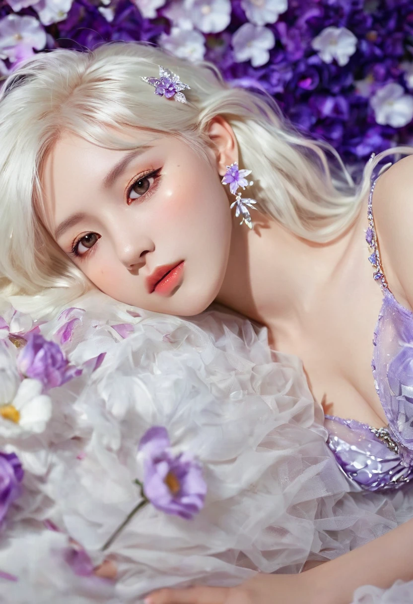 Masterpiece，Dazzling multicolored light，ultra detailed，A girl.，In the flowers，**** a sleeping princess，Earrings，White feather tulle，Long white eyelashes，Extra-long hair is slightly curly，White hair，(Hair takes up the entire frame)，a charming face，Glowing lips，clavicle，Shoulder exposure，Floating petals，Dreamy and beautiful，The characters are thick and painted.，Fine strokes，Wallpaper，The background is graded with white and purple，anime aesthetic，Poolcoreanime beauty，Hyperrealism，sparkle，textured skin，super detail，best quality，8k， ,
