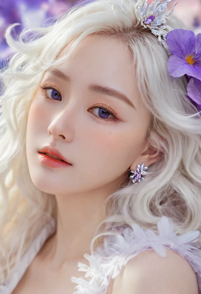 Masterpiece,Dazzling multicolored light,ultra detailed,A girl.,In the flowers,**** a sleeping princess,Earrings,White feather tulle,Long white eyelashes,Extra-long hair is slightly curly,White hair,(Hair takes up the entire frame),a charming face,Glowing lips,clavicle,Shoulder exposure,Floating petals,Dreamy and beautiful,The characters are thick and painted.,Fine strokes,Wallpaper,The background is graded with white and purple,anime aesthetic,Poolcoreanime beauty,Hyperrealism,sparkle,textured skin,super detail,best quality,8k, ,