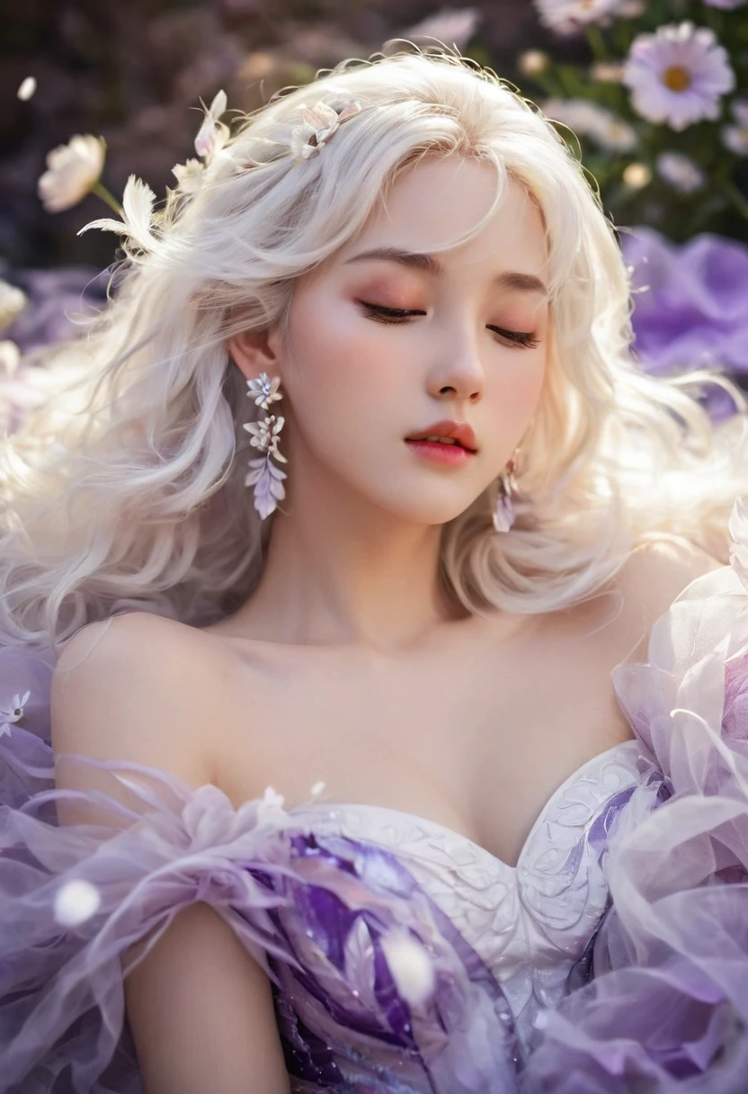 Masterpiece，Dazzling multicolored light，ultra detailed，A girl.，In the flowers，**** a sleeping princess，Earrings，White feather tulle，Long white eyelashes，Extra-long hair is slightly curly，White hair，(Hair takes up the entire frame)，a charming face，Glowing lips，clavicle，Shoulder exposure，Floating petals，Dreamy and beautiful，The characters are thick and painted.，Fine strokes，Wallpaper，The background is graded with white and purple，anime aesthetic，Poolcoreanime beauty，Hyperrealism，sparkle，textured skin，super detail，best quality，8k， ,

