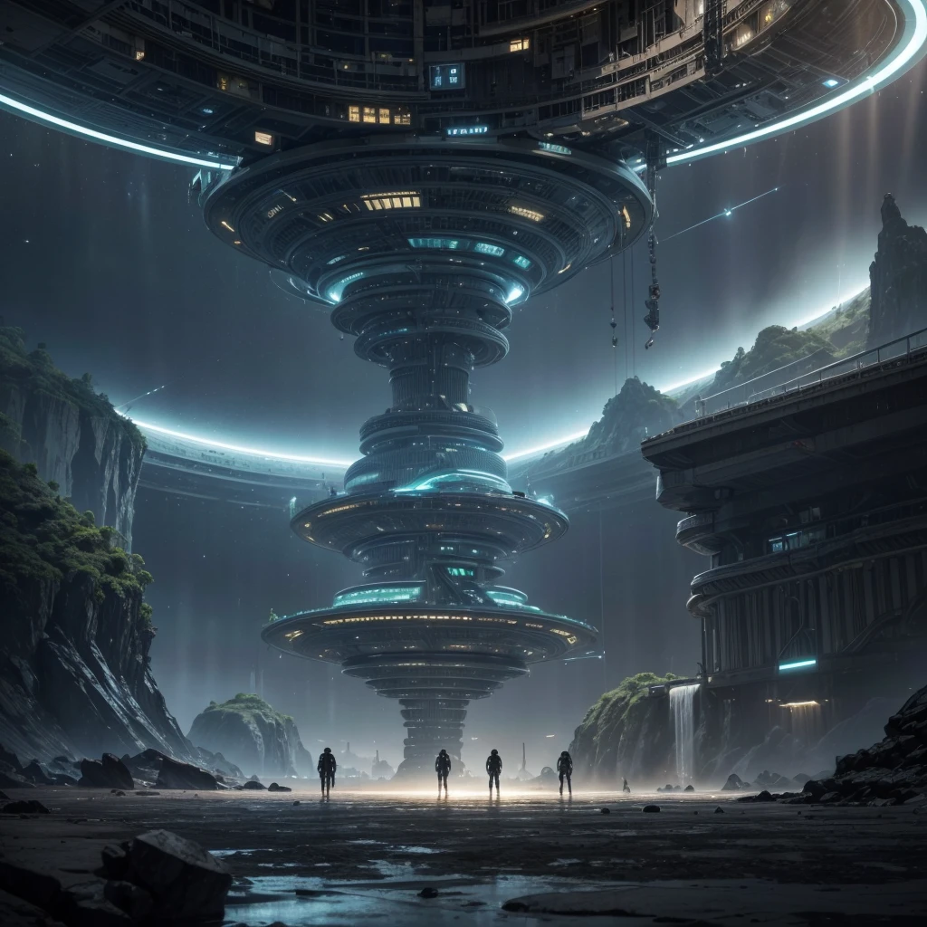 Create an ultra-realistic image of a breathtaking, futuristic cityscape set on an alien planet with conditions similar to Earth. This planet should have stunning rings made of rock and debris, resembling a moon that has shattered. The rings should be visible in the sky, adding a dramatic and surreal element to the landscape.
The city should blend advanced technology with the natural beauty of the alien environment. The architecture should feature sleek, reflective skyscrapers with flowing, organic designs, integrated with lush, vertical gardens and solar panels. These buildings should seamlessly blend into the surrounding landscape.
The sky should be filled with flying vehicles, such as futuristic ships and hovercrafts, moving through well-organized aerial highways. Drones of various sizes should be seen everywhere, performing tasks like delivery and maintenance, highlighting the efficiency and advancement of this society.
Incorporate large rotating habitats that simulate gravity, massive space stations, and advanced agricultural domes inspired by movies like Interstellar. The ground level should have beautifully landscaped parks with alien flora, bioluminescent plants, and serene water features where inhabitants can be seen enjoying the environment.
The background should reveal the vastness of space, with stars, distant planets, and the rings of the shattered moon visible in the sky. The artificial planetoid should have large windows or transparent sections offering breathtaking views of the cosmos.
Add small details like holographic displays, robotic assistants interacting with inhabitants, and futuristic public transportation systems. The overall scene should evoke a sense of awe and inspiration, showcasing the limitless possibilities of human ingenuity and cooperation in a utopian future on an alien world. robotic assistants interacting with inhabitants, and futuristic public transportation systems robotic assistants interacting with inhabitants, and futuri