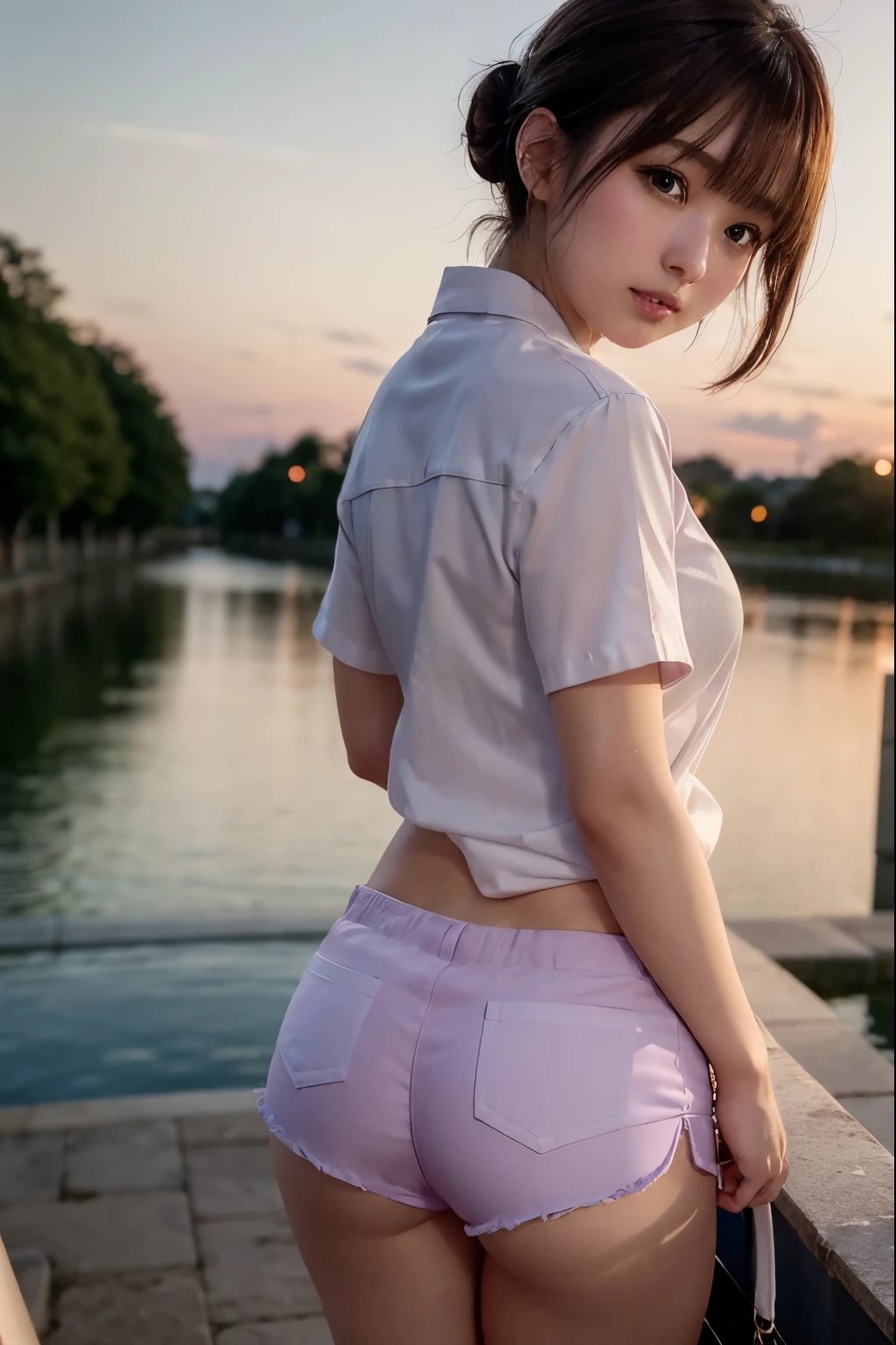 Perfectly Anatomically Correct:1.2, 
1 Japanese Girl, [Kawaii], Very Short Hair Bun, Wide-Set Eyes, Very White Skinned, Blush, Bashfully, -Yeld, 
e Eyes, (Wet Hair), Jolly, [Pouted Cheek], 
(Wearing SHIMAMURA Shirt + Very Short SHIMAMURA Shorts:1.4), 
(Beautiful Buttocks, Spherical Shape Buttocks, Ball Shape Buttocks, Medium ASS, Upturned ASS, Very Small Breasts), 
p-line, 
Looking Down Viewer, from Behind, from Side, Dynamic Angle, [Full Body], 
[SFW:1.0, Non-Nipple:1.0], 
 BREAK 
Light Purple Dusk:1.2, Levee, Riverside, 
 BREAK 
8K, RAW Photo, Best Quality, Masterpiece, Realistic, PhotoRealistic, Extremely Detailed 8K Wallpaper, Beautifully Detailed Eyes, Finely Detailed Face, POV Shot, 
 BREAK 
High-Key Lighting, Professional Lighting, Bokeh:1.0