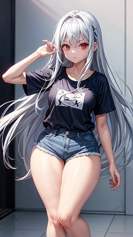 Highest quality、(((One  girl)))、((Lori))、((he is short))、Silver long hair、Red eyes、Cool face、(Are thin)、(Young)、White T-shirt、Navy blue hot pants、((((Being too thin))))、((((BREAK: My thighs are too thick))))