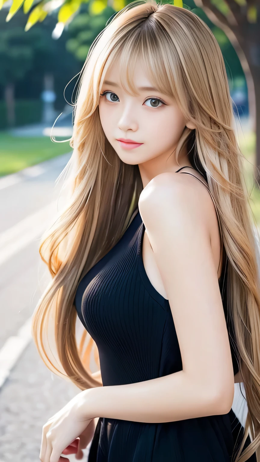 Sexy big 、 beautiful girl sexy and cute looks and cute, Beautiful and sexy face、A strong wind blows my hair in front of my face、Long, straight blonde hair、Beautiful, cute and sexy eyes hidden behind long bangs。、Wavy Hair