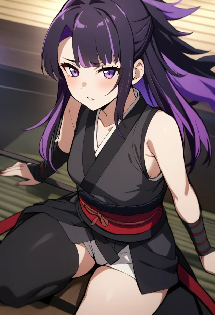 1girl, young samurai warrior, long hair, purple hair, purple eyes, multicolored hair, masterpiece, best quality,