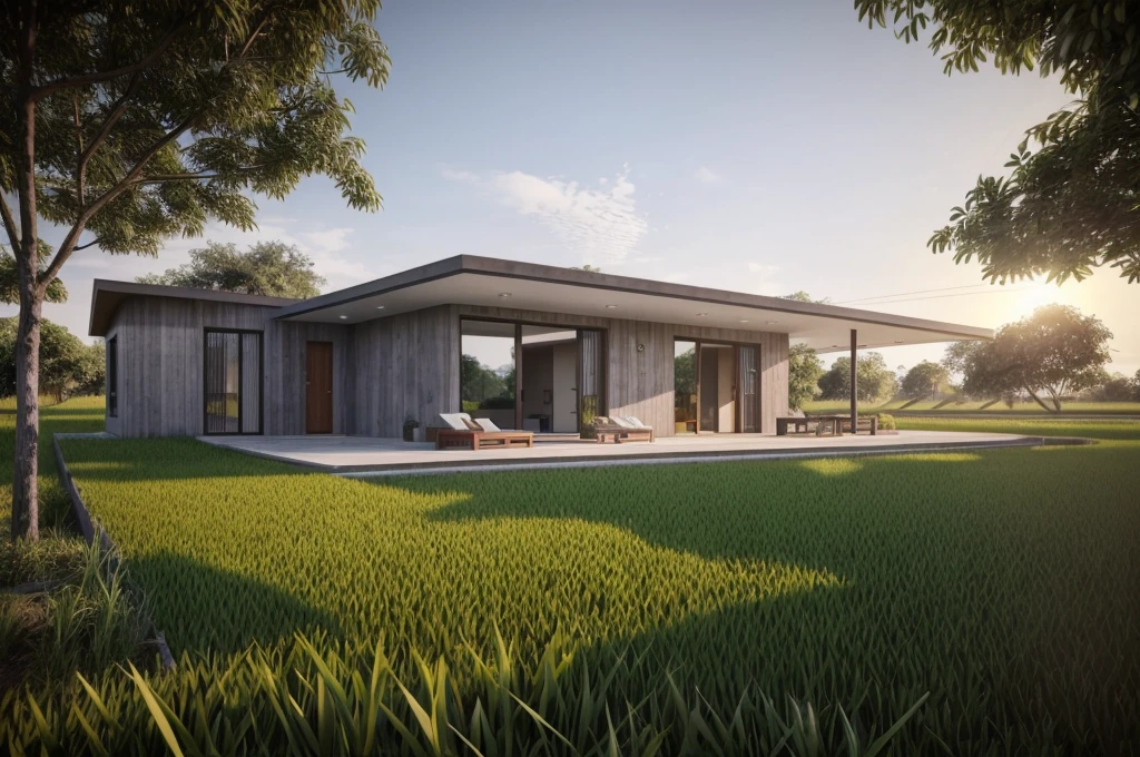 A photo of a modern cottage in rural Vietnam, minimalistic, The house is located on a rice field in the plains, wall concrete gray and wood, towards the dirt trail, plant and tree, sidewalks, sidewalk trees, corona render, 3ds max, wide view, sunny skies, Early morning environment, sunny cinematic, natural light