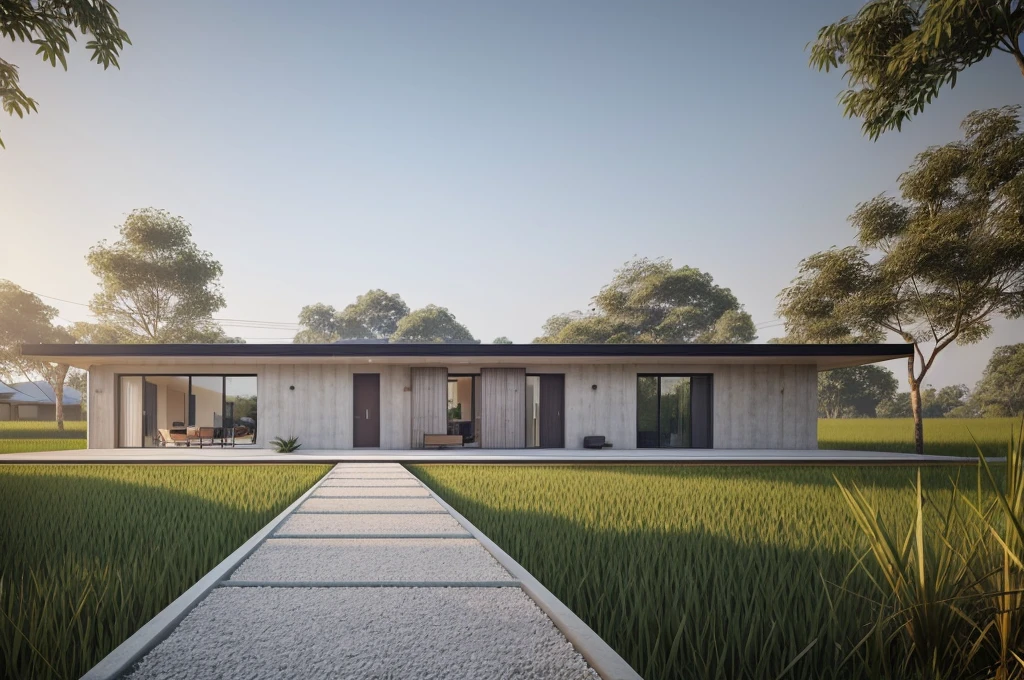 A photo of a modern cottage in rural Vietnam, minimalistic, The house is located on a rice field in the plains, wall concrete gray and wood, towards the dirt trail, plant and tree, sidewalks, sidewalk trees, corona render, 3ds max, wide view, sunny skies, Early morning environment, sunny cinematic, natural light