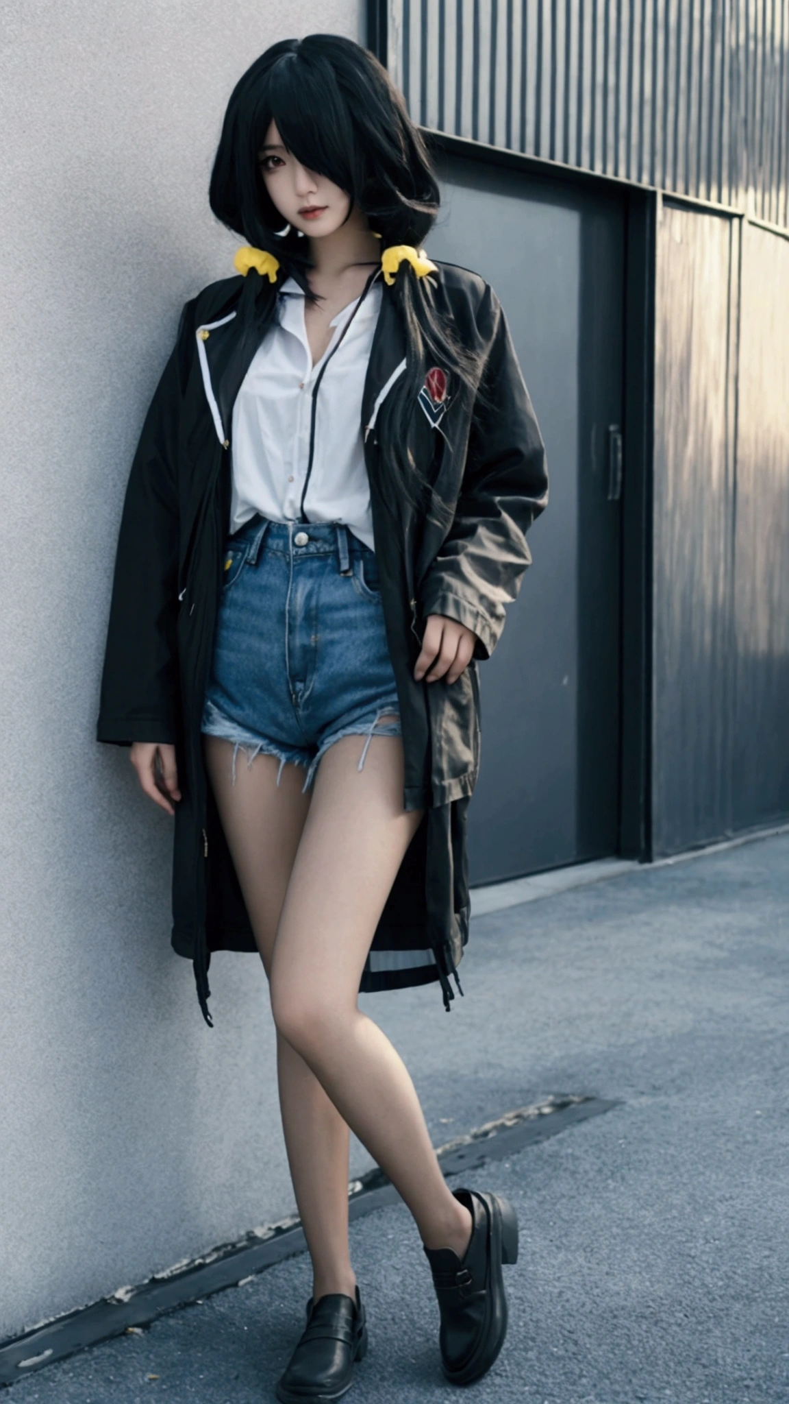 ultra-detailed,highly detailed,best quality,masterpiece,illustration, 
Anime-style girl with black hair wearing a black jacket with yellow accents over a light blue blouse, and distressed denim shorts, standing outdoors.