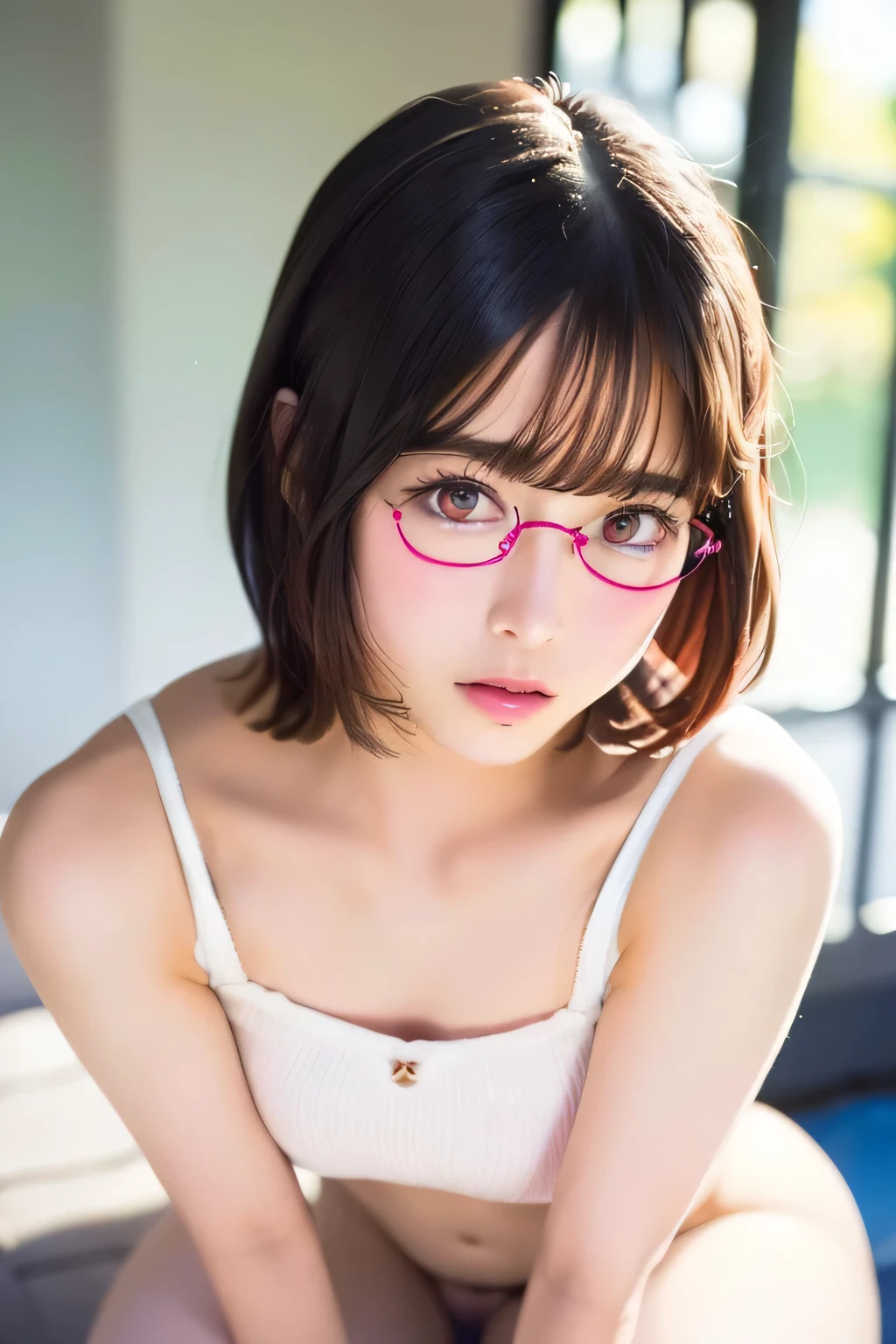 Short Bob Hairstyles、(8K, Highest quality,masterpiece,Highest quality,Highest quality:1.3)),(Embarrassing,Sparkling eyes,Apply blush all over the face:1.3),Browsing Caution,Small breasts:1.3,(((She wears pink-rimmed glasses))),(Dynamic Angle,,Nude Actress、Nude Model、Completely naked、Her plump thighs are revealed、Her embarrassed expression as she begs for sex is cute、A beautifully sculpted body、Highest quality, masterpiece, Ultra-high resolution, (Realistic:1.4), RAW Photos, The most famous Japanese idols having a great time at the night pool, (Variety of faces, Very cute face, Very beautiful face, Very childish face, Very sexy face), They all have such beautiful big eyes, Very beautiful hair, All the skins are very beautiful, Very beautiful long eyelashes, Very beautiful lips, Revealed thighs、Hairy pubic hair、Pubic hair is coarse、Sweaty、Temptation Pose、Teary-eyed and confused pose、Breasts are beautiful、For plump, moisturized skin、Small bust、