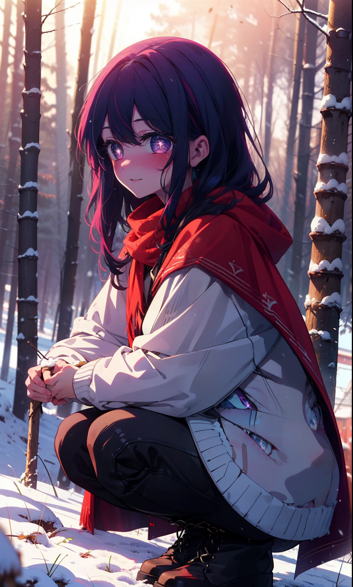 aihoshino, Ai Hoshino, Long Hair, bangs, (Purple eyes:1.1), Purple Hair, (Symbol-shaped pupil:1.5), smile,,smile,blush,White Breath,
Open your mouth,snow,Ground bonfire, Outdoor, boots, snowing, From the side, wood, suitcase, Cape, Blurred, , forest, White handbag, nature, Squat, Mouth closed, Cape, winter, Written boundary depth, Black shoes, red Cape break looking at viewer, Upper Body, whole body, break Outdoor, forest, nature, break (masterpiece:1.2), Highest quality, High resolution, unity 8k wallpaper, (shape:0.8), (Beautiful and beautiful eyes:1.6), Highly detailed face, Perfect lighting, Highly detailed CG, (Perfect hands, Perfect Anatomy),
