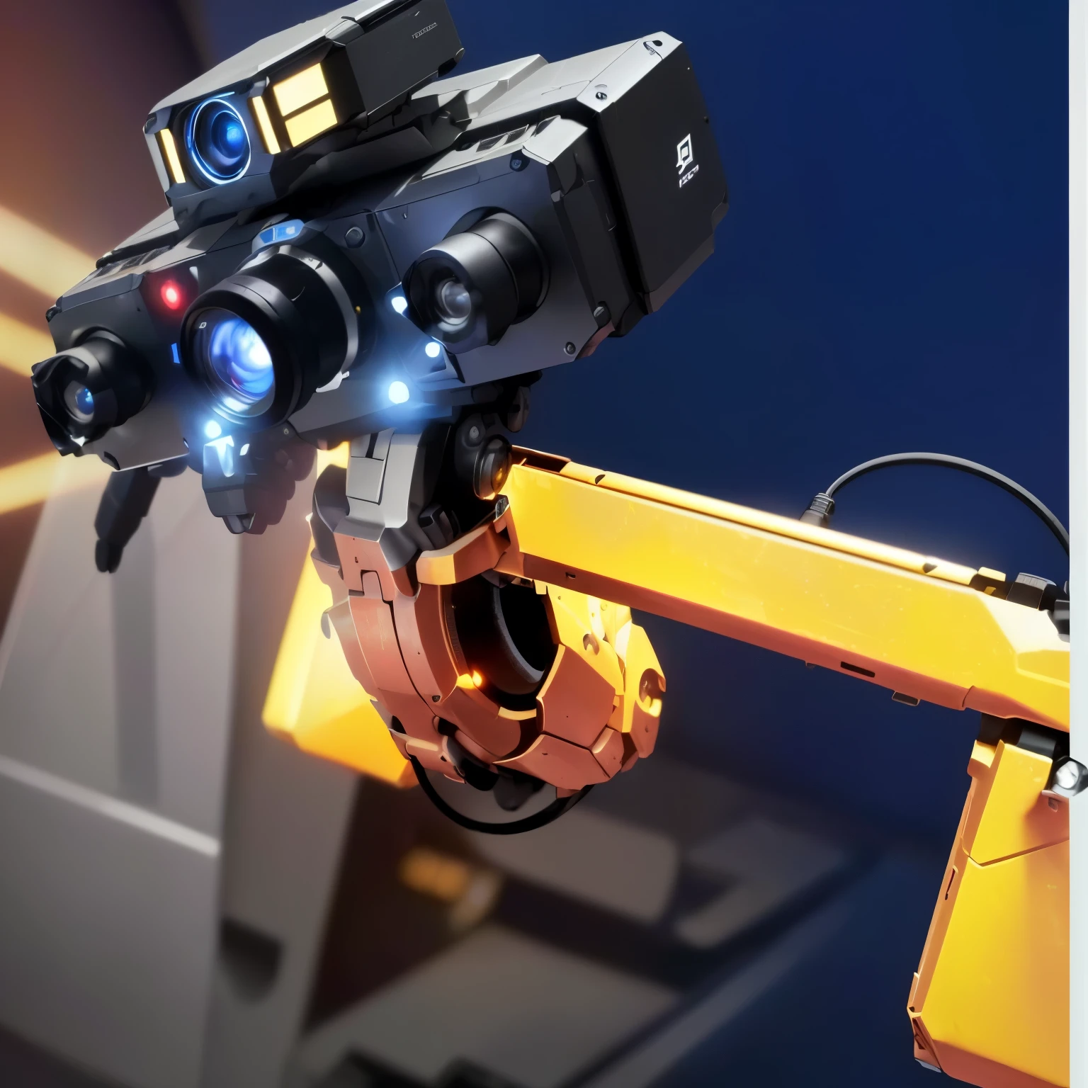 One of them holds a camera, Accurate and detailed, Robotic Arm伸展, red laser scanner, extended Robotic Arms, with Robotic Arms, laser weapon, Robotic Arms, with a Robotic Arm, Robotic Arm, Robotic Arms, High angle close-up, Small spotlight on, Robotic Arm, Portraits, bionic arms and eyes
