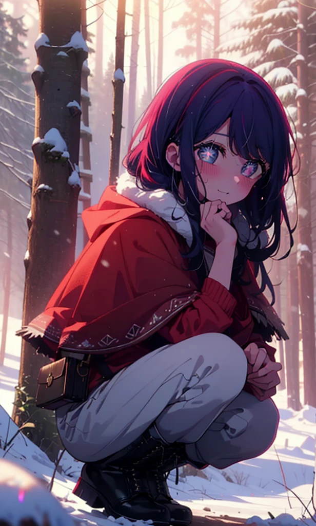 aihoshino, Ai Hoshino, Long Hair, bangs, (Purple eyes:1.1), Purple Hair, (Symbol-shaped pupil:1.5), smile,,smile,blush,White Breath,
Open your mouth,snow,Ground bonfire, Outdoor, boots, snowing, From the side, wood, suitcase, Cape, Blurred, , forest, White handbag, nature, Squat, Mouth closed, Cape, winter, Written boundary depth, Black shoes, red Cape break looking at viewer, Upper Body, whole body, break Outdoor, forest, nature, break (masterpiece:1.2), Highest quality, High resolution, unity 8k wallpaper, (shape:0.8), (Beautiful and beautiful eyes:1.6), Highly detailed face, Perfect lighting, Highly detailed CG, (Perfect hands, Perfect Anatomy),