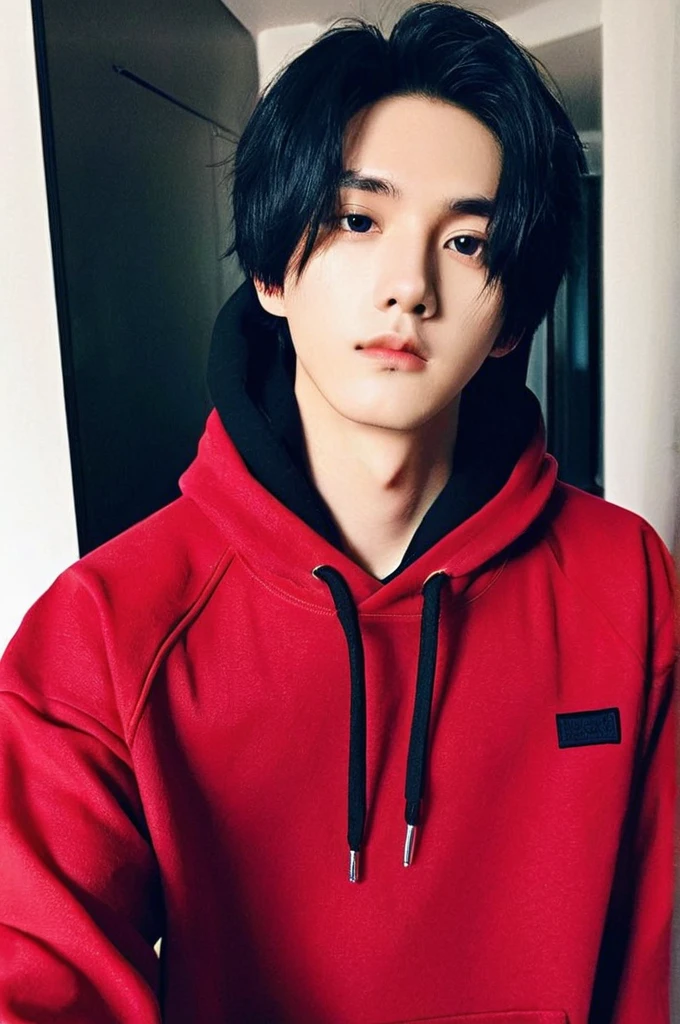 One boy、Young man with black hair（Mash Straight)((Long Hair)），With nape、Long enough to cover the earale K-Pop Idols、Levi Ackerman、Medium portrait、chop、Beautiful Model、Oval Face、Vivid、Selfie、（In a dark room）、The whole body is shown、((Full body photo))、Cover with a hoodie