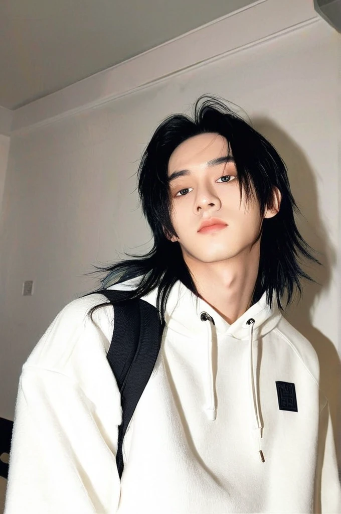 One boy、Young man with black hair(Mash Straight)((Long Hair)),With nape、Long enough to cover the earale K-Pop Idols、Levi Ackerman、Medium portrait、chop、Beautiful Model、Oval Face、Vivid、Selfie、(In a dark room)、The whole body is shown、((Full body photo))、Cover with a hoodie