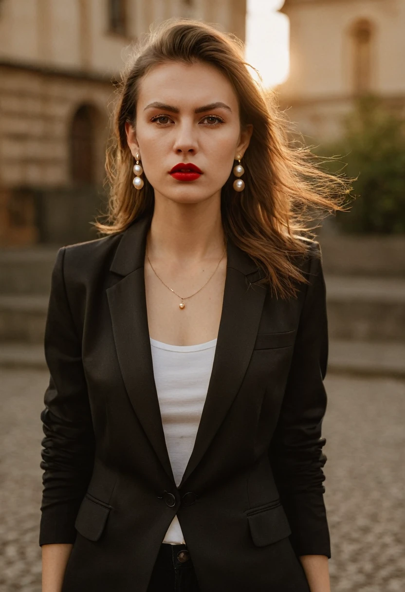 color digital photograph of Lucie Prochazka a woman from czech republic wearing (a black blazer), (a white t-shirt), (black skinny jeans), (black ankle boots), (pearl earrings), (red lipstick), and Slingbacks shoes shot on Nikon Z9 by Denis Karasev, 26 years old, pale skin, ((long dark golden hair)), tiny figure, small breasts, feeling (feeling Hate, Intense, Hostile, Aversion, Anger, Resentment, Disgust, Animosity, Hostility, Loathing, Malice, face: Scowl, Frown, Glare, Narrowed Eyes, Sneer, Lip Curl, Tense Jaw, Raised Eyebrows, Cold Stare, Contempt), at golden hour,full body, masterpiece, natural lighting, (outdoor setting:1.2), warm tones, side lighting, natural skin details, 4k, UHD, masterpiece, detailed eyes, detailed face, detailed skin, perfect hands, perfect feets, photo, high skin detail, moles, imperfect skin, ultra realism, RAW photo, subsurface scattering