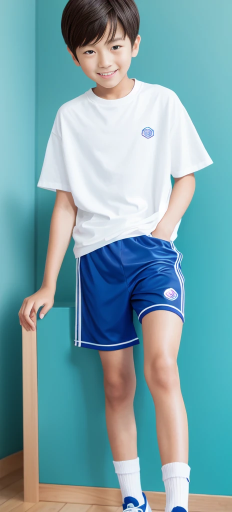  boy，（Wearing white tennis clothes，Wearing green socks），Dark skin，Big round eyes，Very short hair，Tall and skinny，Toothy Smile，Sharpen details，Knee muscle lines，Blue Background，Hold a bouquet of flowers in your hand