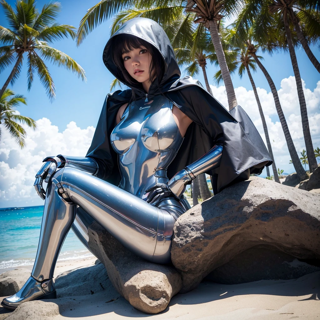 (best quality,highres),robot girl at the beach, large metal hips, wearing a hood with a cape, perched on a rock, near a palm tree, exposed mechanical thighs, butt, fart