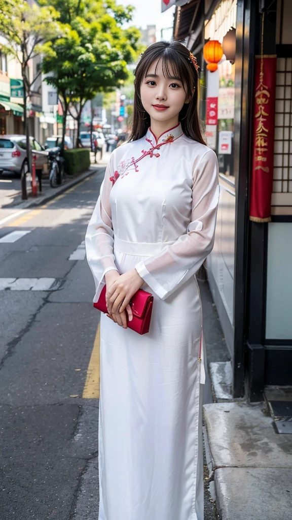 ((Japanese woman wearing ao dai、19-year-old female、Very cute woman))、In the city of Vietnam、Saigon、Detailed face、Perfect proportions、(Highest quality、high resolution、High resolution、masterpiece:1.2)、(RAW Photos、Clear photos:1.2)、Lifelike skin texture、Looking at me with a smile