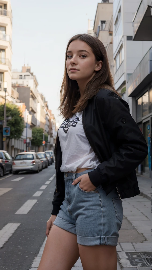 photo d'une jeune fille de 21 ans dans un milieu urbain en tenue casual avec du monde en arrière plan, elle regarde sur son coté gauche, elle a les jambes légèrement croisé, avec un léger sourir    