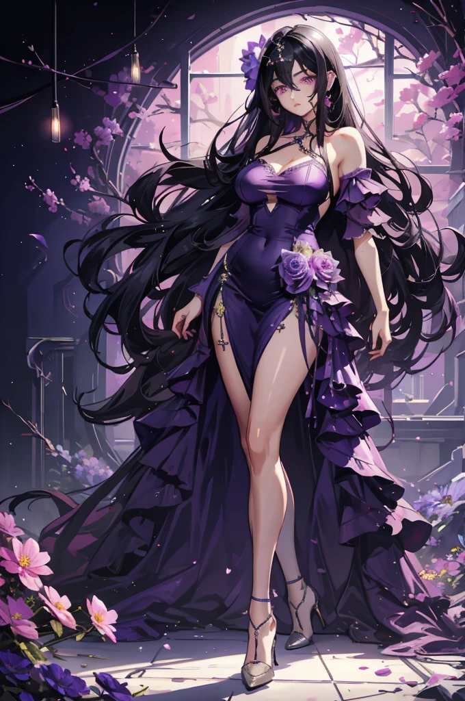 (very delicate, Masterpiece, Excellent lighting and shadows, HD wallpaper 8K), woman, black hair, straight hair, long, purple eyes, big eyes, plump lips, Pink cheeks, Big starvation face, wide hips, purple dress, open shoulder, high-heels, elegant, flower field, beautiful, innocent