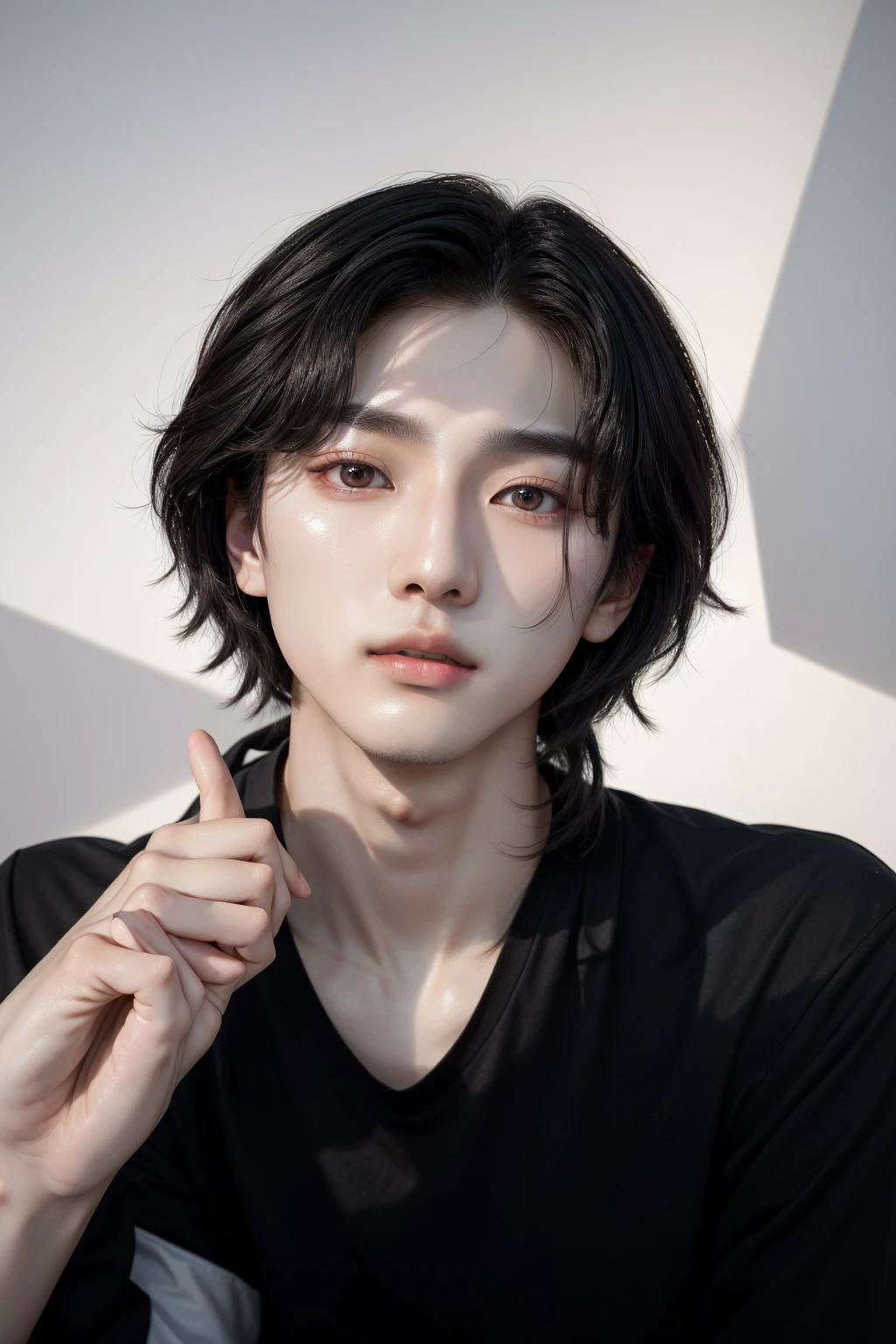 a close up of a person in a black shirt and a white shirt, cai xukun, south korean man, adorable and pale korean face, lean face, androgynous face, Jinyoung Shin, delicate androgynous prince, cute androgynous prince, androgynous person, young pale and beautiful asian face, ulzzang, delicate features, Park Seonghwa of Ateez